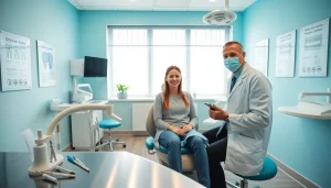 Dental clinic interior focusing on 歯並び 悪い treatment with a friendly dentist assisting a patient.