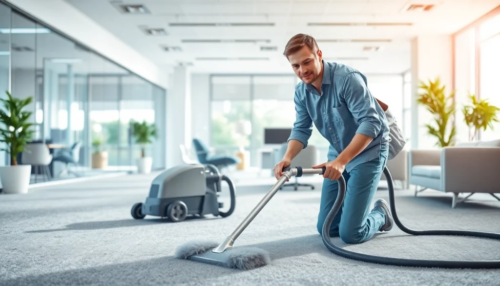 Technician performing commercial carpet cleaning in a modern office setting, showcasing professionalism and efficiency.