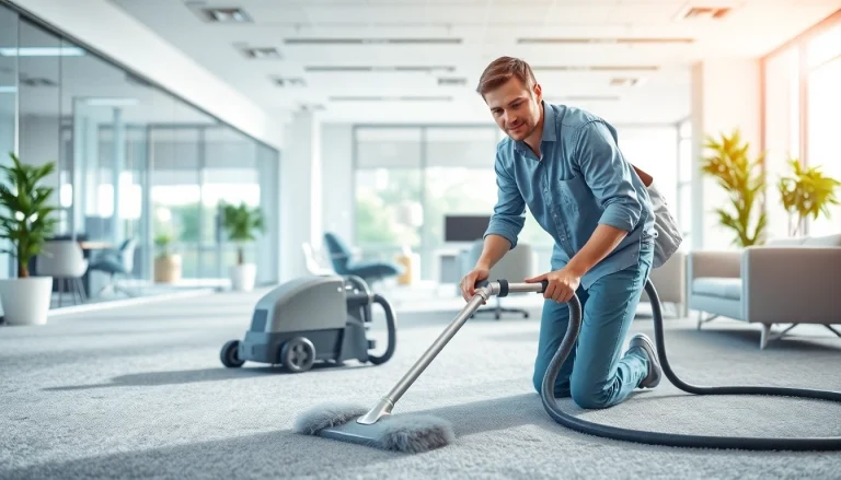 Technician performing commercial carpet cleaning in a modern office setting, showcasing professionalism and efficiency.