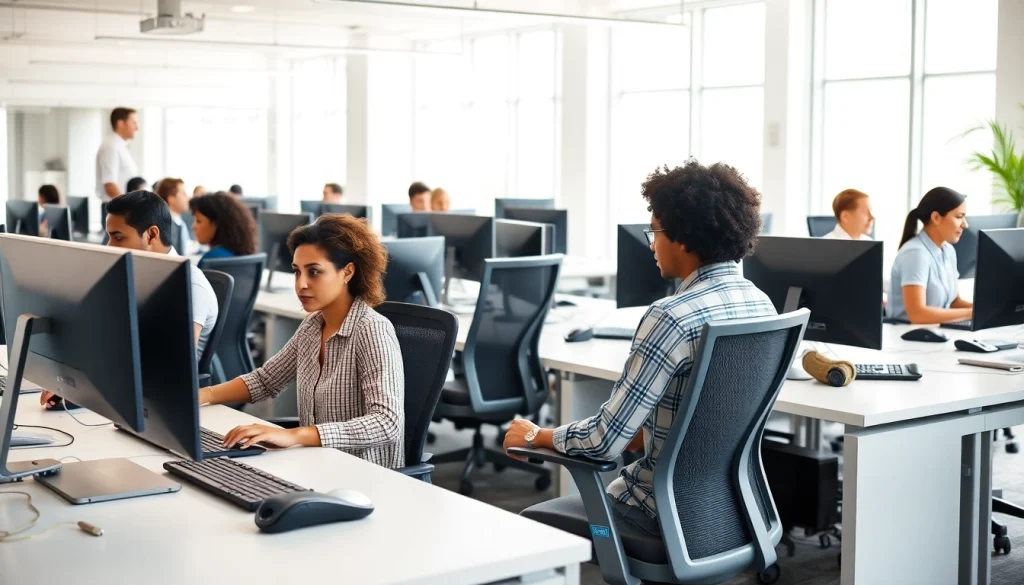 Engaged individuals at a busy typing center focused on their tasks in a modern workspace.