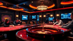 RR88 players engaging in exciting poker action with colorful chips on a luxurious casino table.