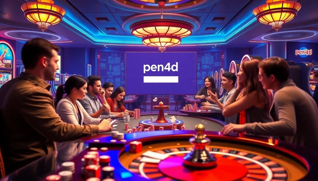 Experience the thrill of 'pen4d login' with vibrant casino gameplay showcasing players enjoying exciting slots and poker tables.