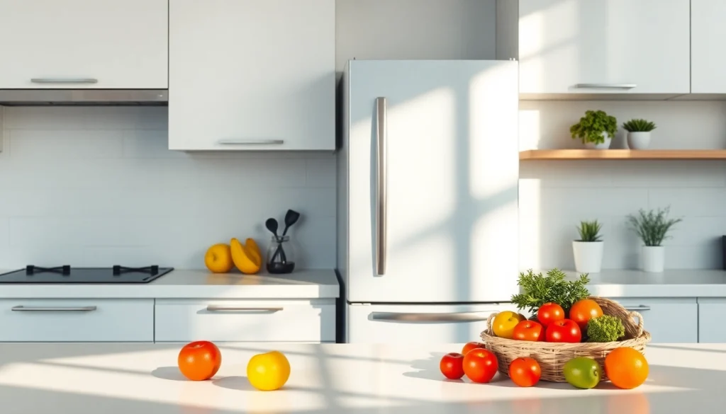 Showcasing refrigerator sales with a modern kitchen featuring a sleek, fresh refrigerator and vibrant ingredients.