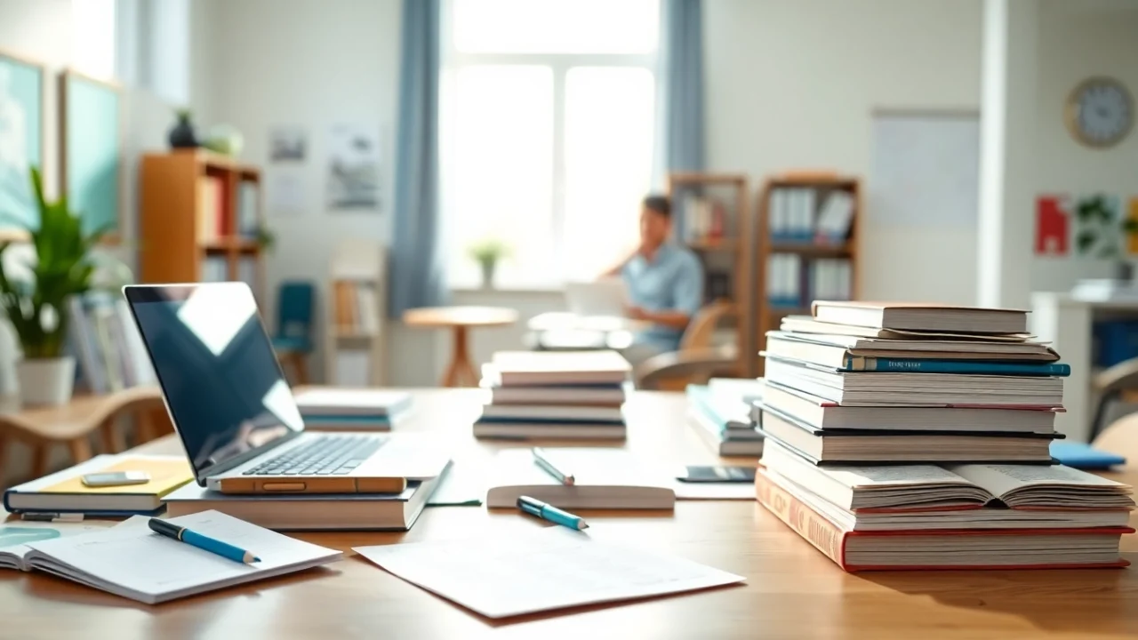 Engaging study environment for the exam assistance industry with materials and a laptop.