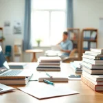 Engaging study environment for the exam assistance industry with materials and a laptop.
