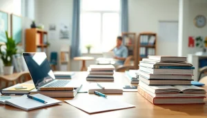 Engaging study environment for the exam assistance industry with materials and a laptop.