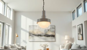 Shop ModernLighting with elegant fixtures creating a chic, minimalist living room ambiance.