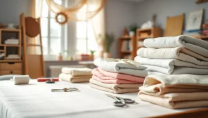 Katoen stof wassen met kleurrijke, net gevouwen katoenen stoffen en naaiaccessoires.