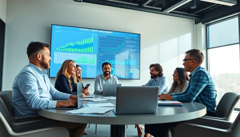 Engaged team discussing Strategy Capture Management strategies in a dynamic meeting setting.