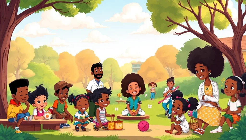 Celebrating African American Cartoons with iconic characters in a vibrant community scene.