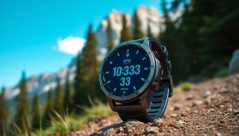 Showcasing Explorer Plus GPS Smart Watch on a mountain trail, emphasizing its sleek design and vibrant display.
