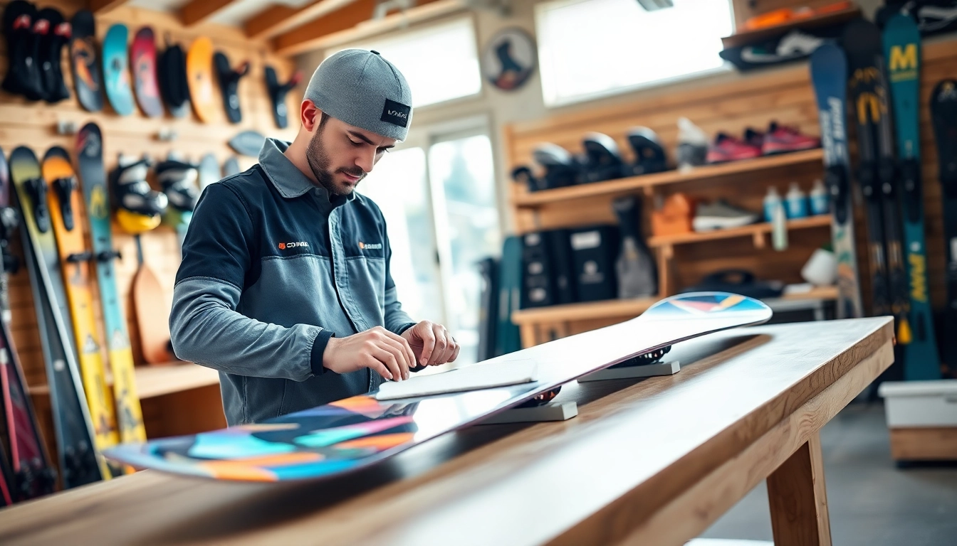 Technician conducting a summer snowboard tune up with precision in an organized workshop.