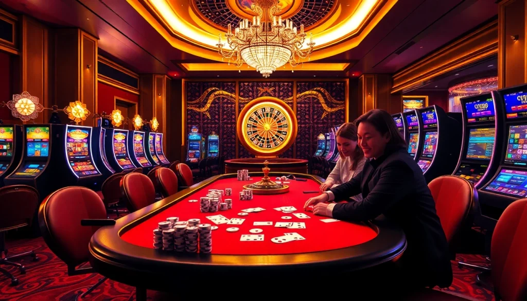 NK88 players engage at a vibrant casino table, showcasing high-stakes poker and roulette excitement.