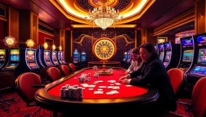 NK88 players engage at a vibrant casino table, showcasing high-stakes poker and roulette excitement.