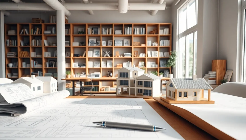 Showcasing Custom residential architecture services with detailed blueprints and a bright workspace environment.