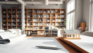 Showcasing Custom residential architecture services with detailed blueprints and a bright workspace environment.