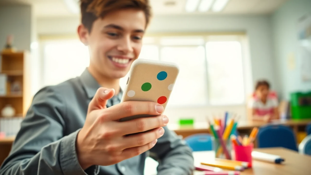 Verwenden Sie eine Handytasche Schule beim Lernen in einem hellen Klassenzimmer.