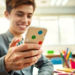 Verwenden Sie eine Handytasche Schule beim Lernen in einem hellen Klassenzimmer.