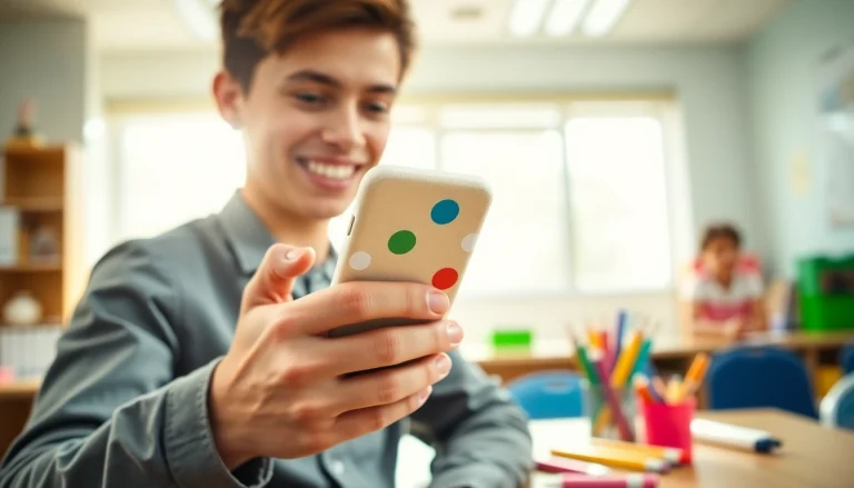 Verwenden Sie eine Handytasche Schule beim Lernen in einem hellen Klassenzimmer.