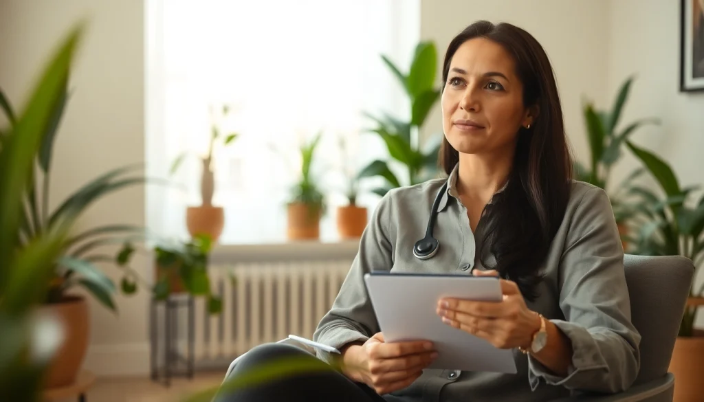 Anxiety symptoms addressed by a professional therapist in a calming office setting.