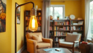 Brightly glowing a19 light bulbs in a cozy living room setting create an inviting atmosphere.
