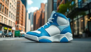 레플리카 스니커즈를 도시 배경에서 강조한 사진입니다.