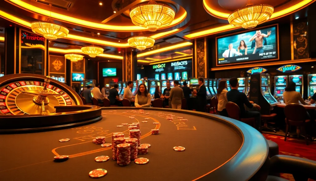 Experience thrilling slots and casino games at idnslot, featuring vibrant tables and lively players.