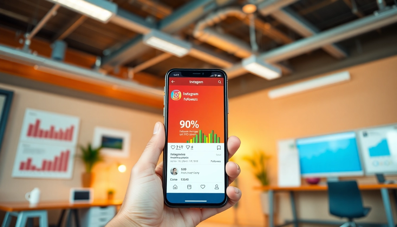 インスタ フォロワー販売によってフォロワーが増えるスマホと活気あるオフィスの情景。