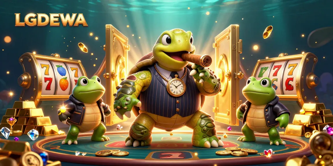 Engage with LGODEWA's thrilling slot reels and colorful characters in this vivid casino scene.