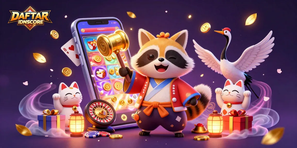 Spin the reels with DAFTAR IDNSCORE in a vibrant 3D casino adventure featuring lucky symbols and games.