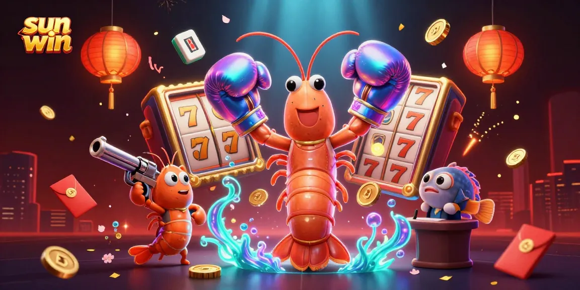 Engage with sun win casino excitement featuring vibrant shrimp characters amidst dynamic gaming elements.